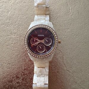 Fossil Women's Black and Gold Watch with White Band